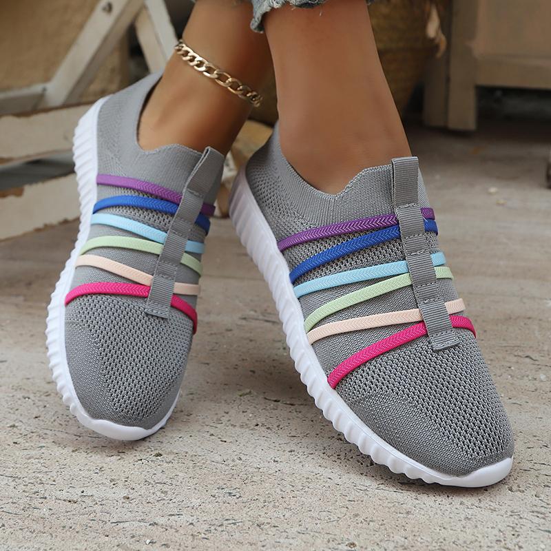 Fashion Color Band Breathable Mesh Flats Women 2025 Plus Size 36-43 Soft Sole Casual Sneakers Woman Slip On Thick Sole Walking Shoes