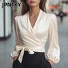 JPNTKY Women's Fashion Casual Solid Color Print Long Sleeve V Neck Blouses & Shirts
