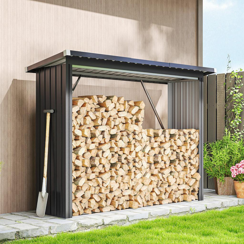 Firewood Shed. Firewood Shelter. Steel. Raised Floor. Sloping Roof. 213 X 66.5 X 150 Cm. Dark Gray
