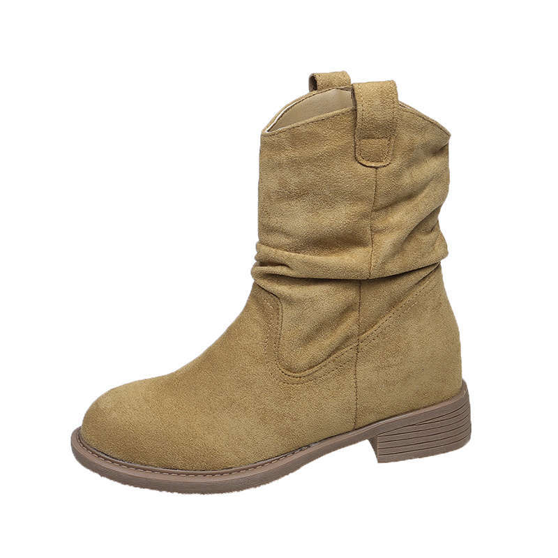 Retro Pile Boots Thick Heel Short Boots Women's New Autumn V-mouth Thin Maillard Western Cowboy Martin Boots