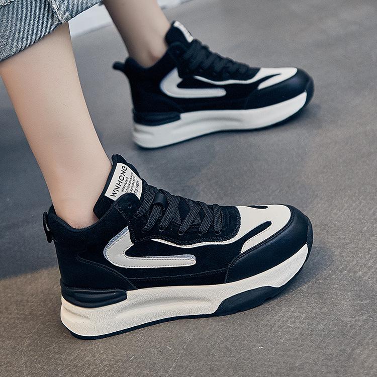 Spring/Summer 2025 Women's Colorblock Genuine Leather High-Top Sneakers - Thick Sole, Fleece-Lined, Casual Lace-Up in Trend