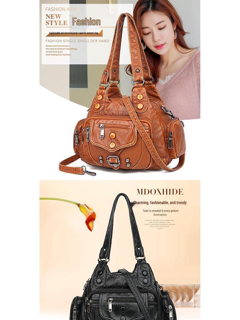 Women's Color Block Rivet Washed Leather Crossbody Handbag, Soft Leather, Large Capacity, Multi-Layer, Single Shoulder