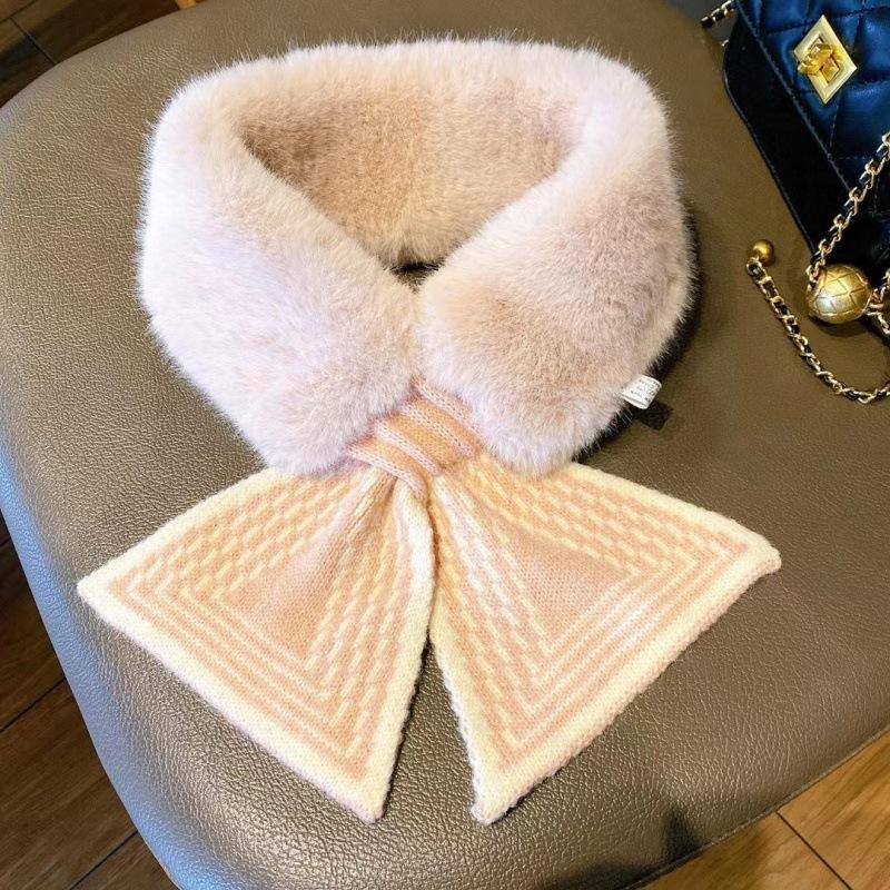 Autumn and Winter New Imitation Rabbit Plush Scarf Fashionable and Warm Simple and Versatile Cross Striped Knitted Plush Neck Protection Scarf