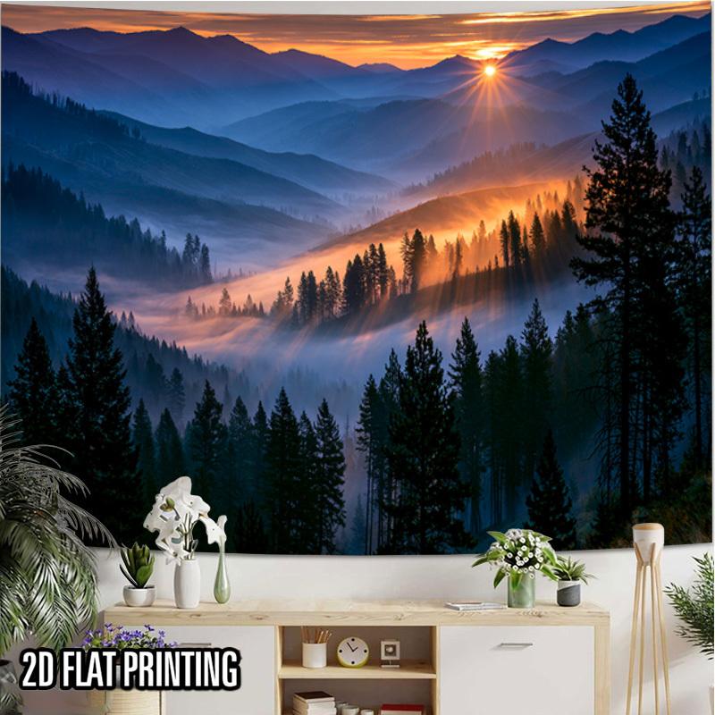 2D Flat - 2D Flat - 2D Flat Print 1pc Tapestry Mountain Sunrise Fog Forest Tapestry Illuminate Nature Healing Space Suitable for Vintage Themed Durabl