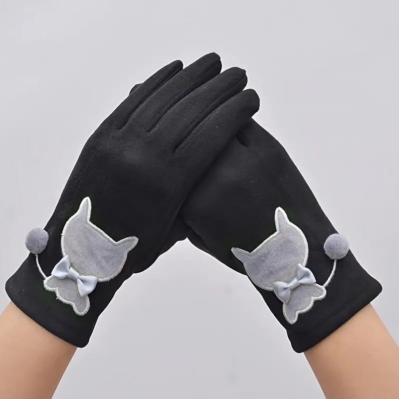Women Touch Screen Outdoor Gloves Winter Fleece Riding Cat Embroidery Driving Elastic Gloves Warm One Size Fits All