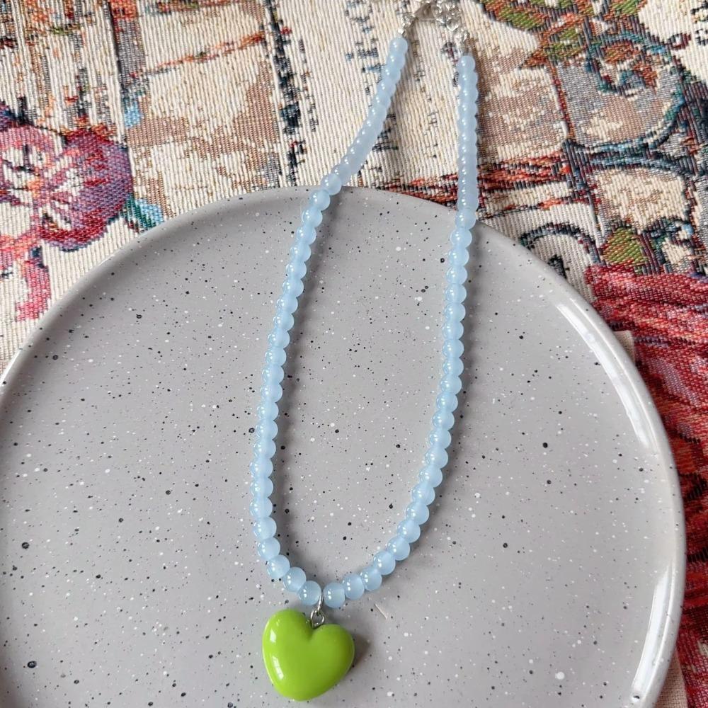 Candy Color Dopamine Heart Pendant Necklace Glass Beaded Beads Neck Chain Choker Necklace  For Girl