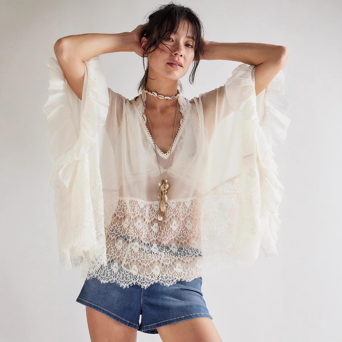 Women s V Neck Long Sleeve Sheer Lace Blouse Multi Color Casual See Through Top S белый