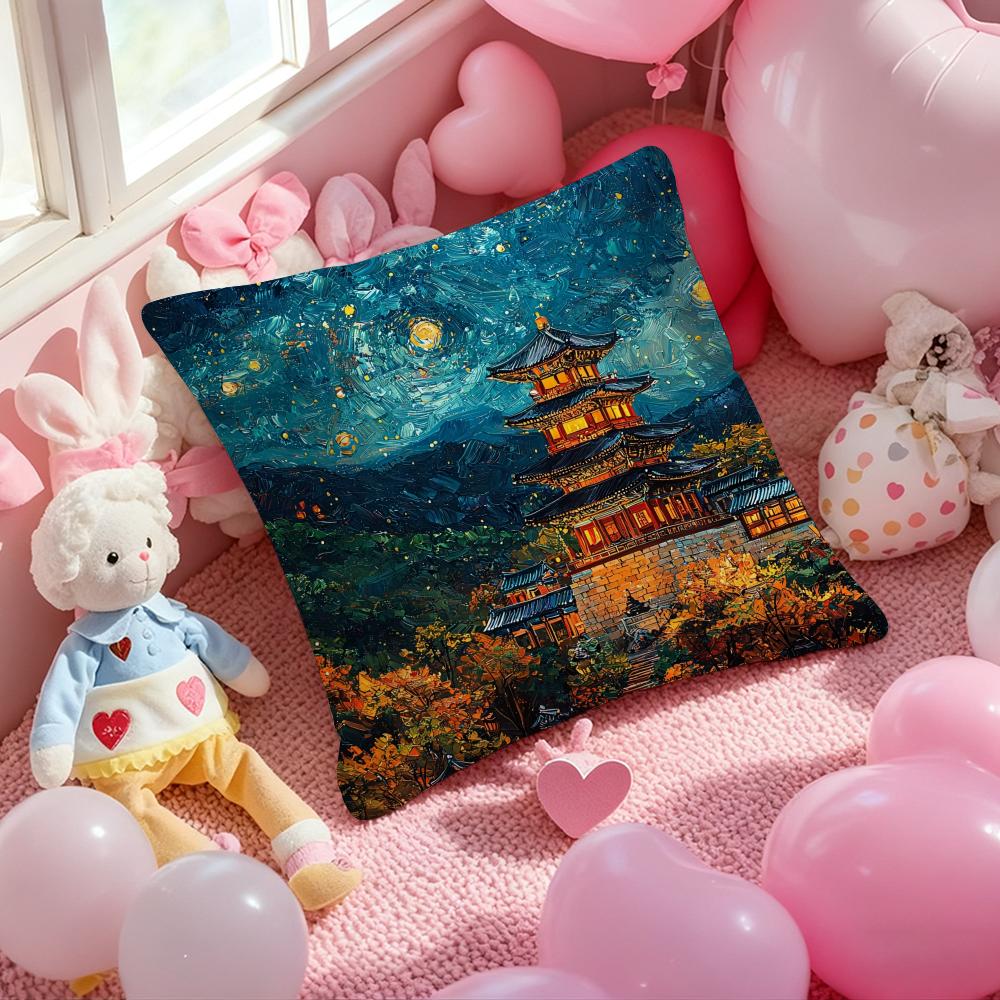 Korea Foguo Temple Cushion Cover Pattern Printed Pillowcase for Living Room Sofa Cushion Cover & Bedroom Decor