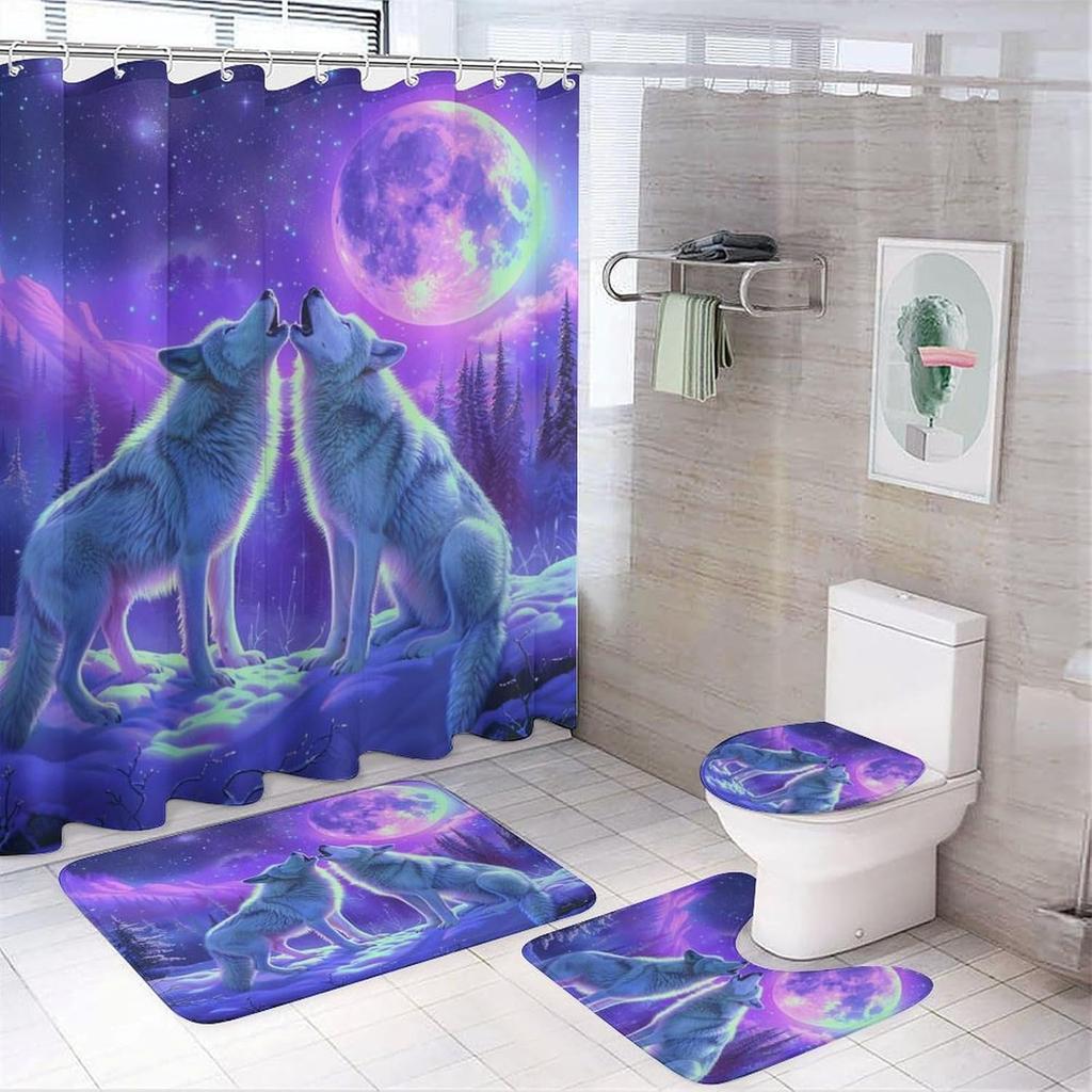 Mystery Wolf Animal Printed Shower Curtain Set With Bath Mat Anti-Slip Toilet Lid Cover Bathroom Set Carpet Home Decoration