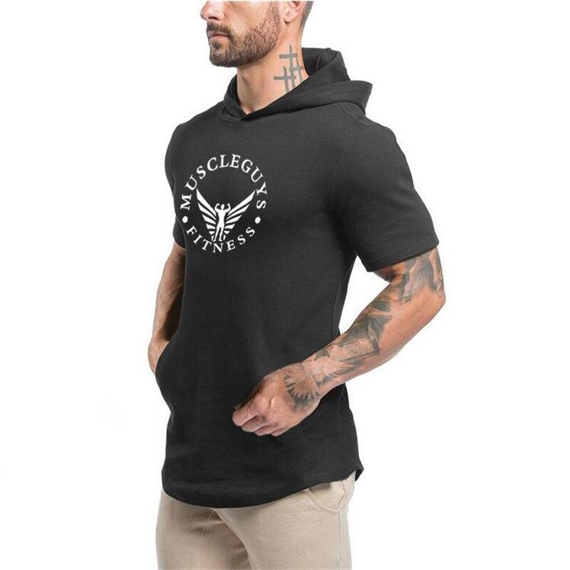 Muscleguys Sports Hooded T-Shirt Summer New Men's Short-sleeved T-shirt Cotton Trend Bodybuilding Fitness Hooded Half-sleeve Sweater