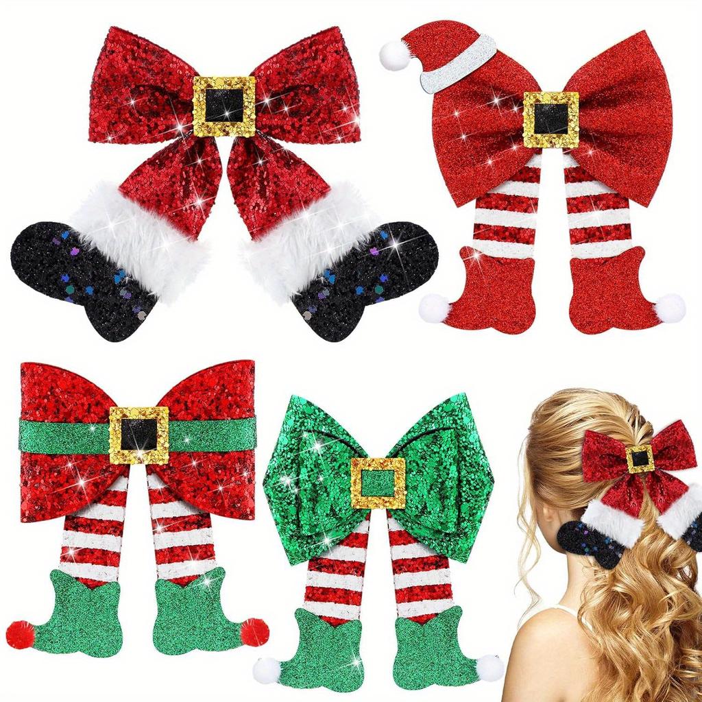 Glitter Xmas Hair Clips: Elegant Bow with Golden Accents. Perfect for Holiday Parties & Festive Celebrations! 