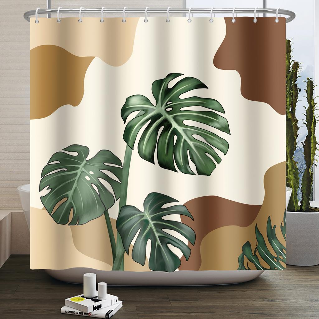 Mid Century Abstract Boho Shower Curtain Green Leaf Plant Modern Arch Sun Minimalist Nordic Waterproof Bathroom Bath Curtain