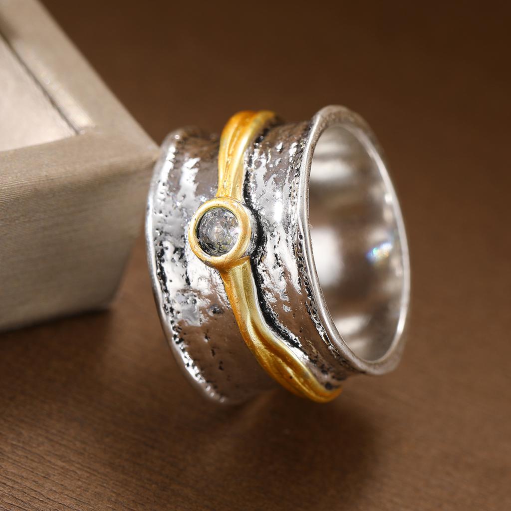 Retro Dual-Tone Copper Ring for Women with Creative Artificial Zirconia Wide-Face Ethnic Style Gift Ring