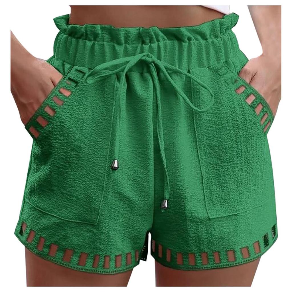 Cotton Linen Shorts Women's Pants Solid Color Thin Hollow Out Design Trim Pocket Tight Waist Shorts Beachwear White Clothes