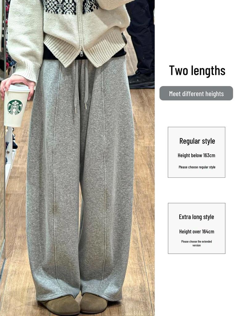 Damen Leichte Graue Koreanische Drapierte Sense-Hose - Hoher Bund, Schlankmachend, Weiter Bein, Gerades Bein Sporthose für Frühling und Herbst