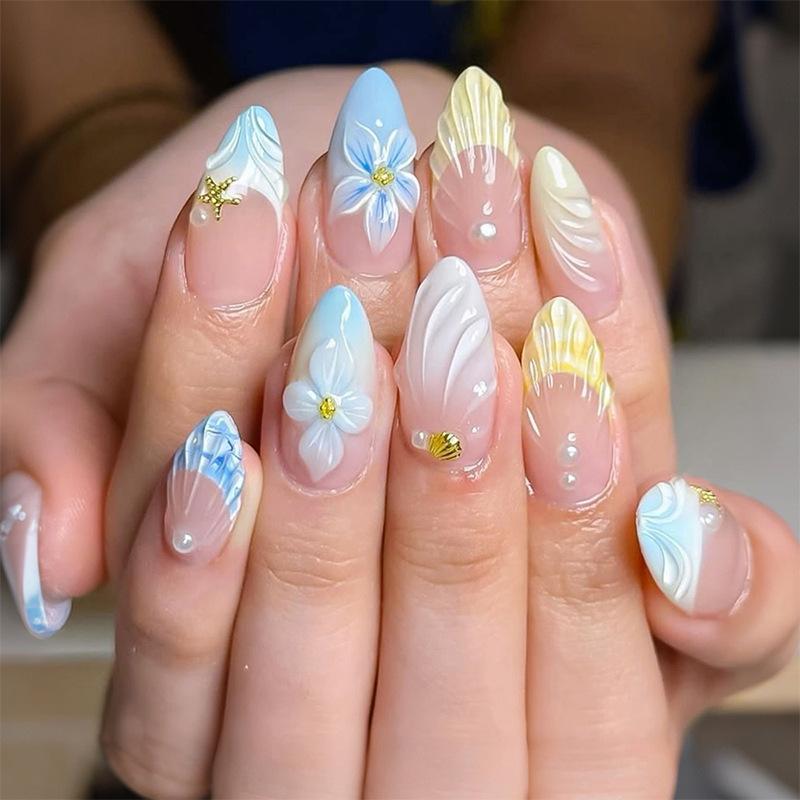24PCS Pink Blue Gradient Almond Press on Nails Ocean Mermaid Style Nail Tips 3D Jellyfish Flower Shell Fake Nails Beach Vacation