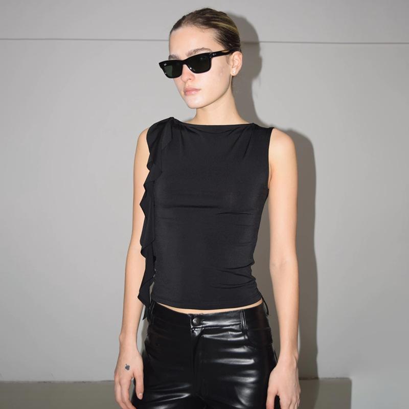 Summer Women'S Solid Color Vest Fluttering Tassel Sleeveless Slim Pullover Round Neck T-Shirt Casual Street Wear Y2K