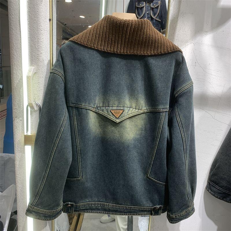 Retro Knit Fleece-Lined Denim Jacket - Petite Women's Thickened Winter Top (2025 Autumn/Winter)