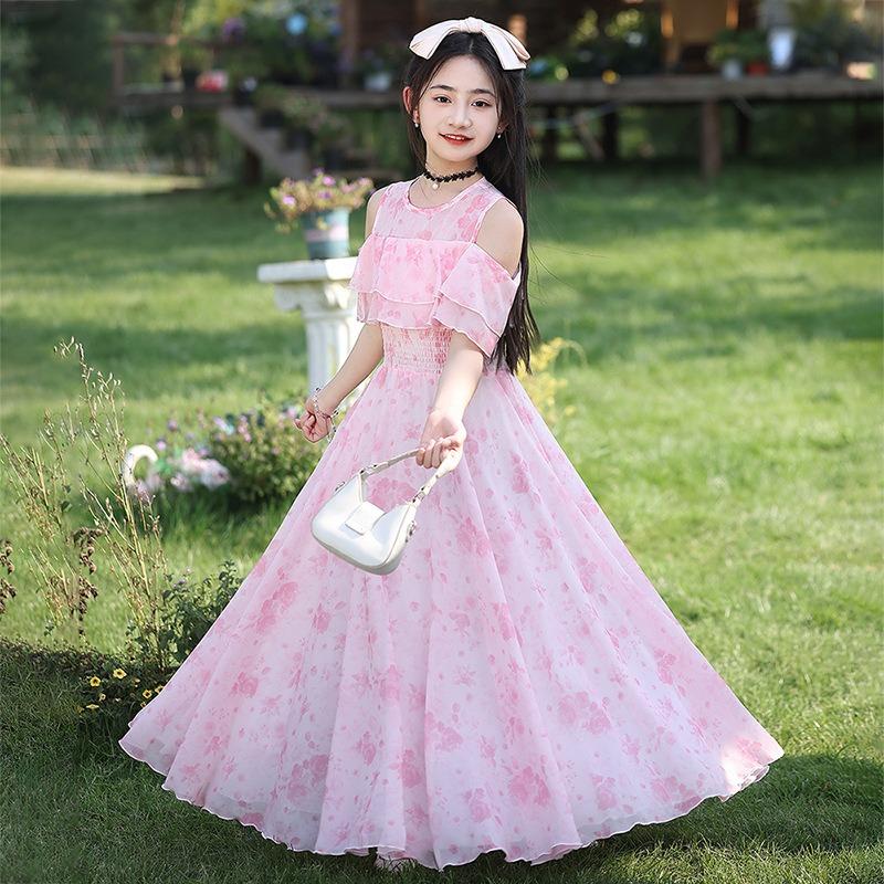 Girls Floral Print Princess Long Dress Kids Summer Casual Beach Dress