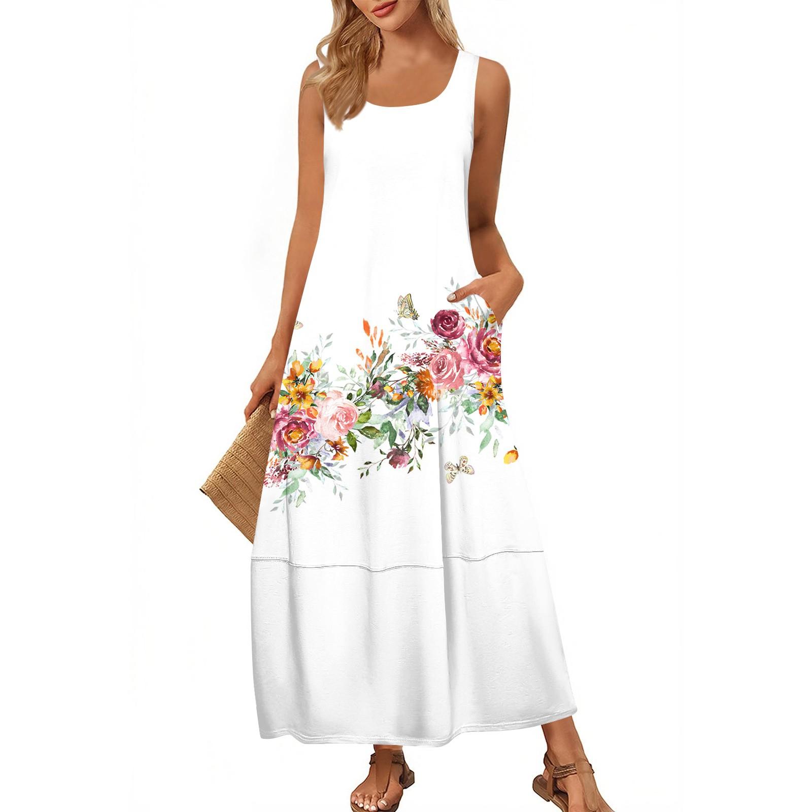 

Women s Fashion Casual Maxi Skirt Summer Beach Skirt Round Neck Sleeveless Loose Floral Print Sundress XL кавун червоний колір