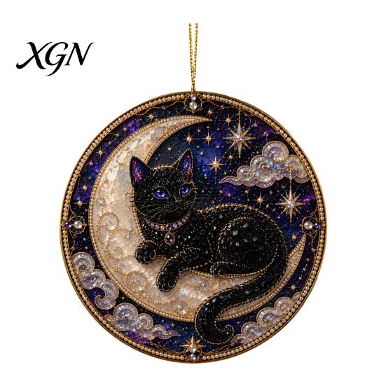 Precious Memory Commemorative Black Cat Pearl Diamond Art Painting Ornament, 2D Flat Acrylic Valentine Day Romantic Present Hanging Suncatcher, Beaded