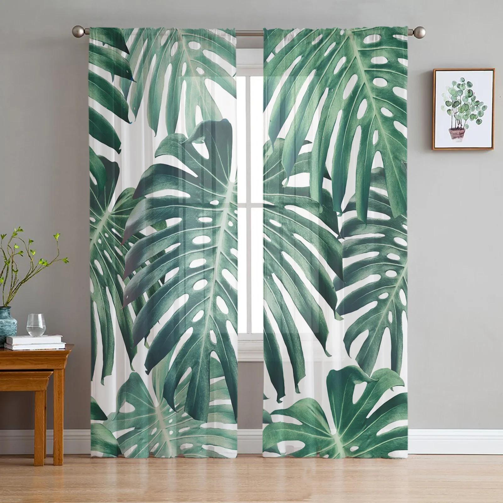 

Растительные зеленые листья ротанга белые шифоновые прозрачные шторы для гостиной спальни украшения окна вуали тюль занавески W135 x H115cm x1&Grommet Top