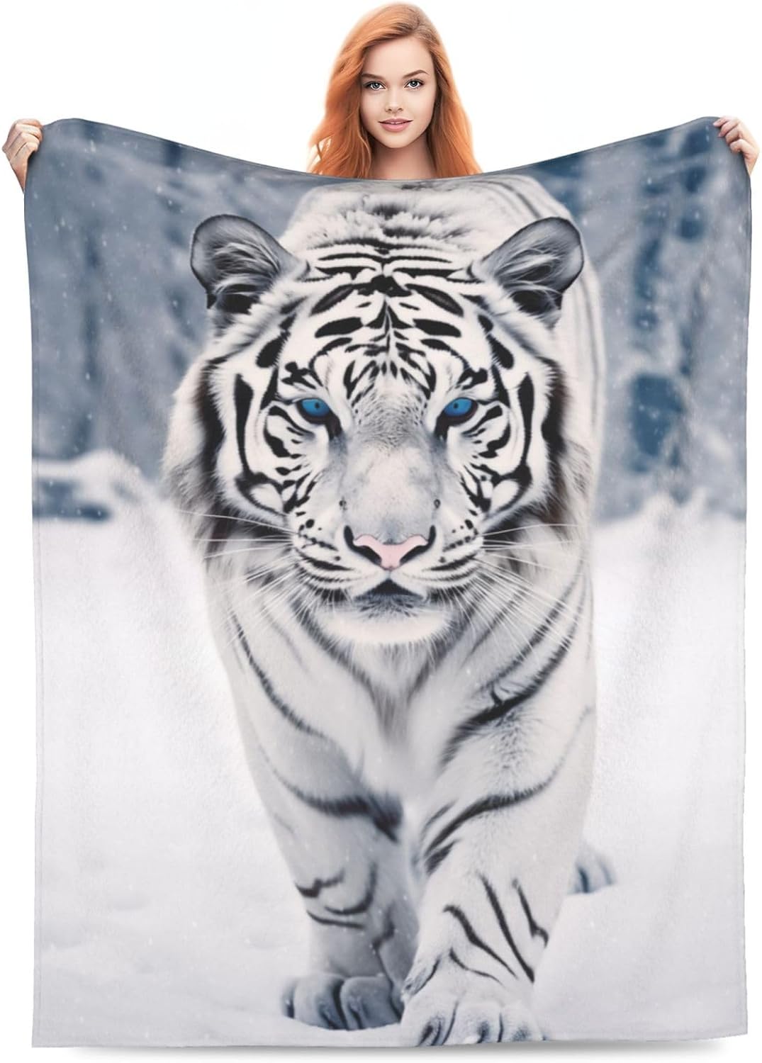 White Tiger Throw Blanket, Snow Tiger Animal Blanket for Couch Bed Sofa Decor, Cozy Gift for Kids & Adults 75X95CM