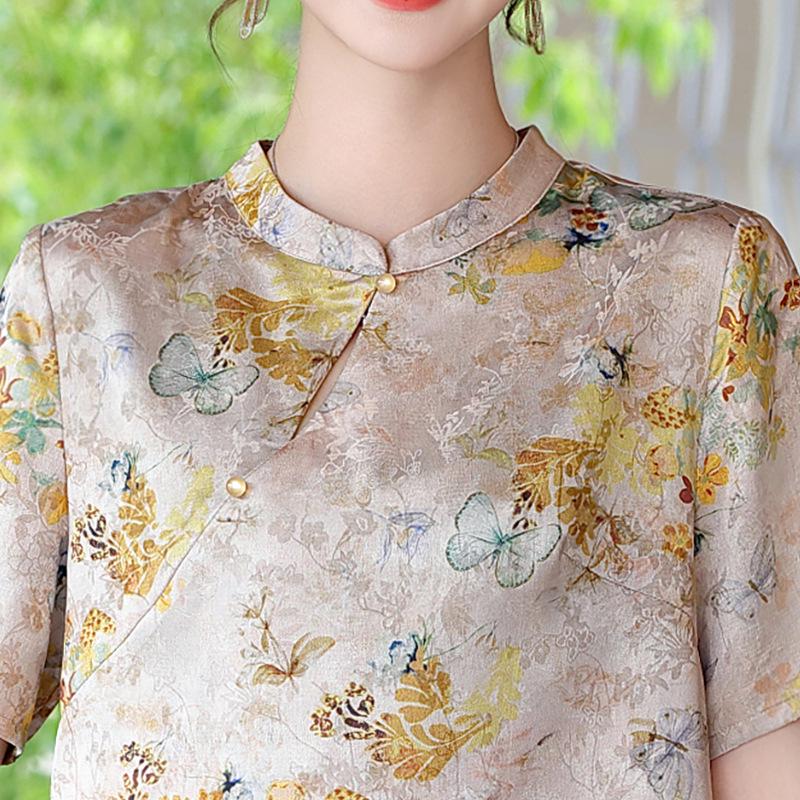 New Summer Qipao Blouse Set for Mothers: Stylish Short-Sleeved Two-Piece Outfit for Middle-Aged and Elderly Women