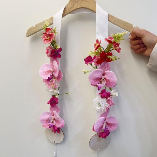 Floral Graduation Stole Handmade Custom Floral Belt with Realistic Faux Silk Flowers Phalaenopsis Roses Dahlias Personalized Engraved Tags Unique Grad