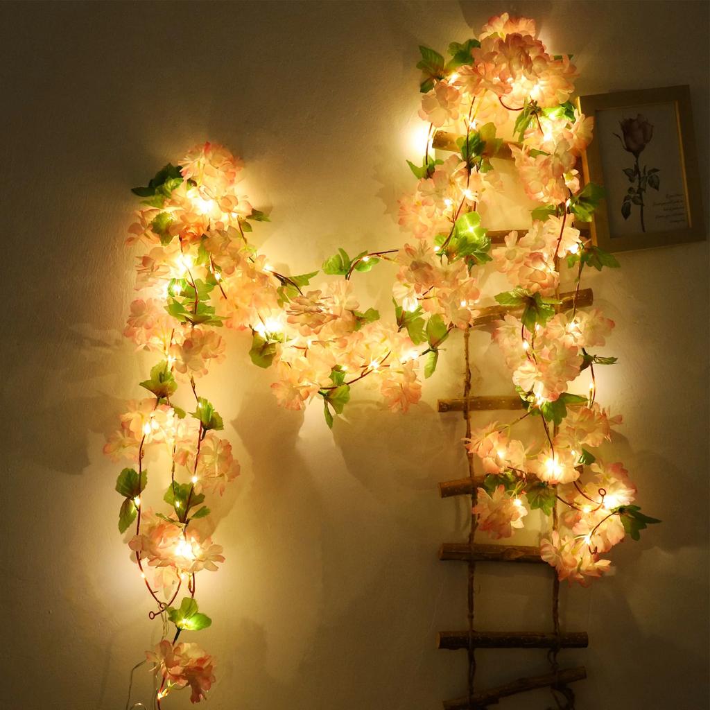 2M Cherry Blossom LED Light Artificial Flowers Vines For Wedding Party Home Decor Hanging Wall Garden Arch Christmas Ornament