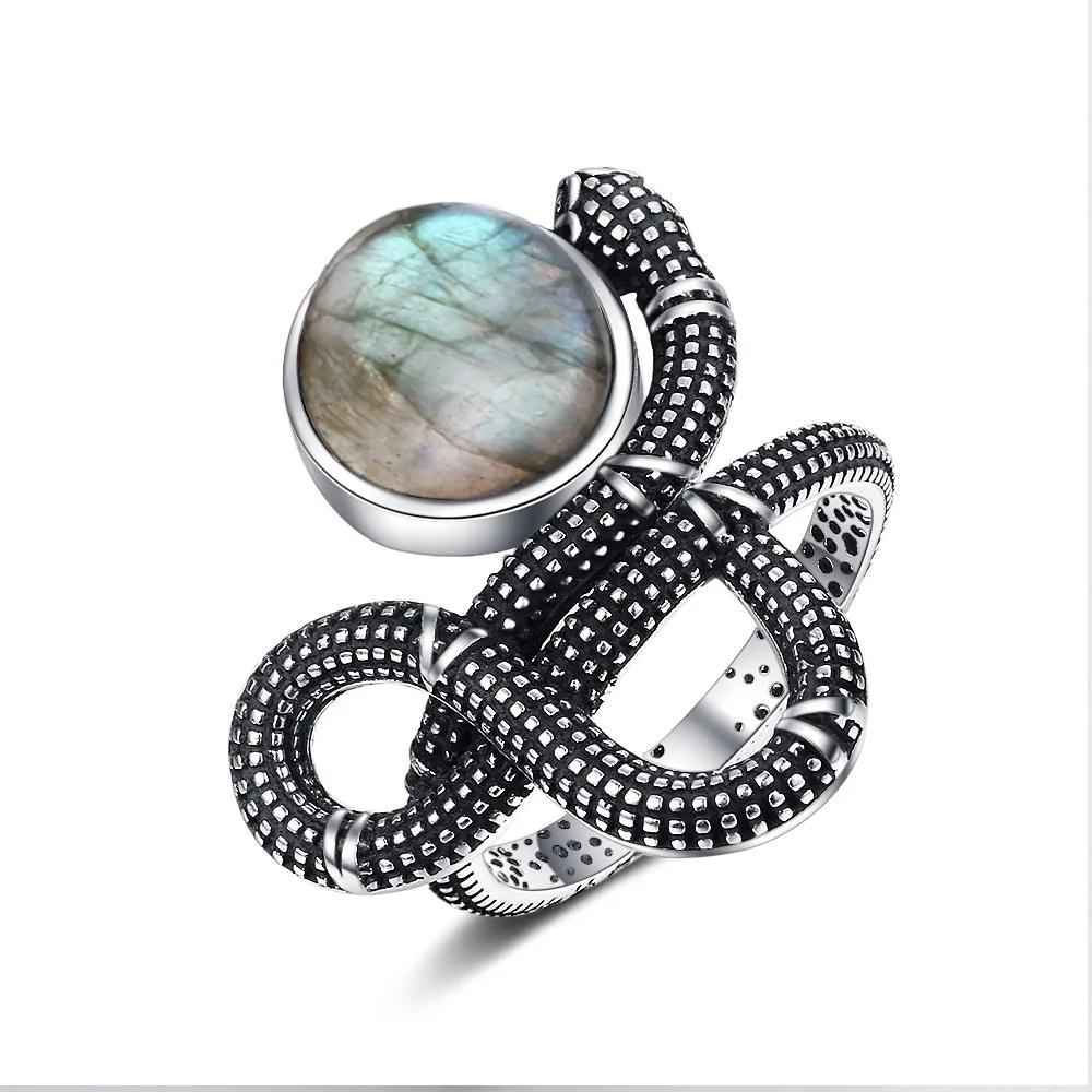 Snake Shaped Vintage Ring Natural Labradorite Ring 10*12MM Turquoise Moonstone Retro Gift for Women Men Fine Jewelry