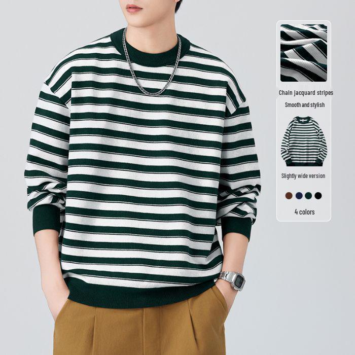 Shanggu Men's Autumn Anti-Pilling Striped Sweater | Round Neck Loose Knitwear