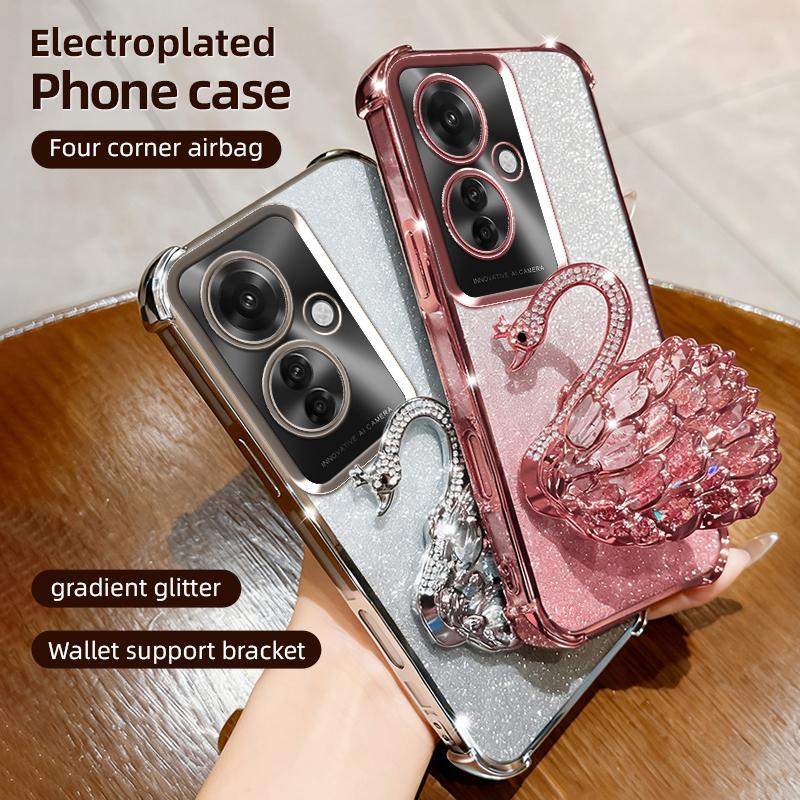 KEYSION Shockproof Plating Phone Case for OPPO Reno11 F 5G Clear TPU Glitter Jewelled Swan Kickstand Back Cover for OPPO Reno11F 5G