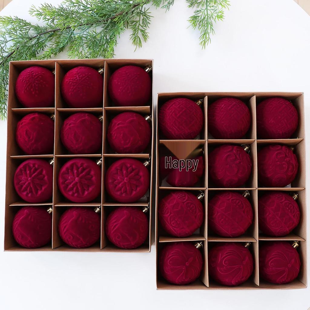 Flocked Velvet Christmas Ball Set - Embossed Decorative Tree Ornaments