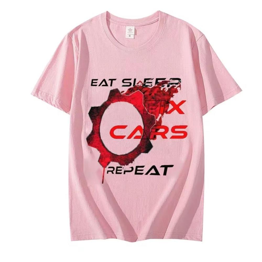 2024 New Trendy Summer Fashion Men T-shirt Funny Car Mechanic Eat Sleep Fix Cars Repeat Print Tops Tshirts Camisas Streetwear