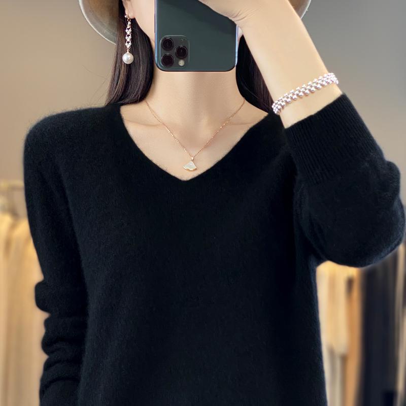 Dámský svetr 100% vlna MODERNÍ NOVINKA SAGA úpletový svetr s výstřihem do V Tenké jarní podzimní svetry Dámské pletené topy