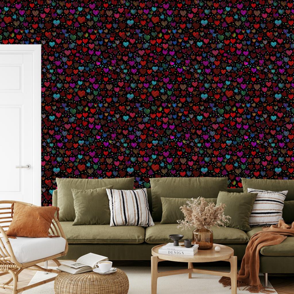 Neon Glitter Hearts Wallpaper Black, Burgundy and Maroon 50x1000