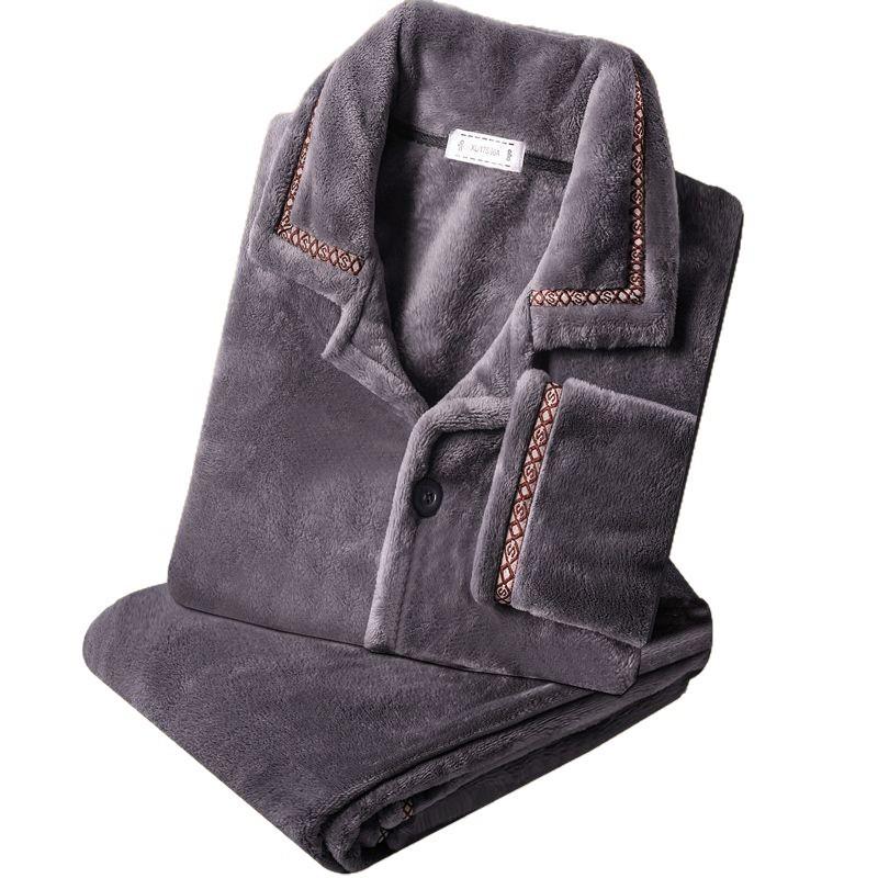 Herren Korallfleece Pyjama Langarm Verdickter Flanell Hauskleidungsset Herbst Winter Warm Locker Geschnitten Nachtwäsche Ensemble