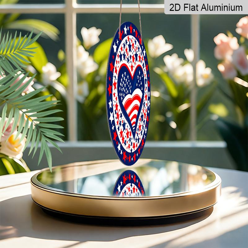 2D Flat, 1pc Round Patriotic Aluminum Hanging Sign, USA Flag Heart with Red White Blue Stars Design, Weatherproof Metal Wall Decor, Perfect for 4th