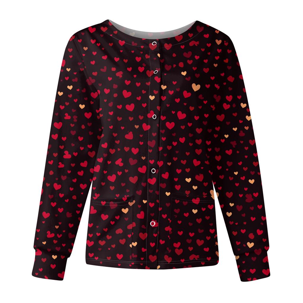 Women's Casual Fashion Long Sleeve Standing Collar Single Breasted Valentine's Day Print Workwear Jacket Tops