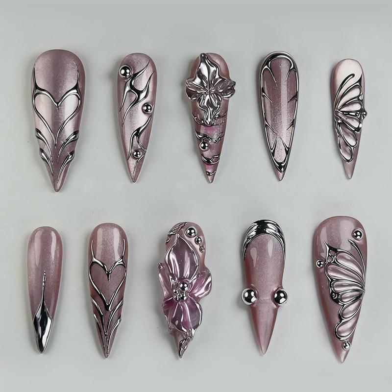 

24PCS Shiny Cat Eye Long Stiletto False Nails with Glue Silver 3D Butterfly Flowers Fake Nails Spice Girls Sweet Cool Nail Tips