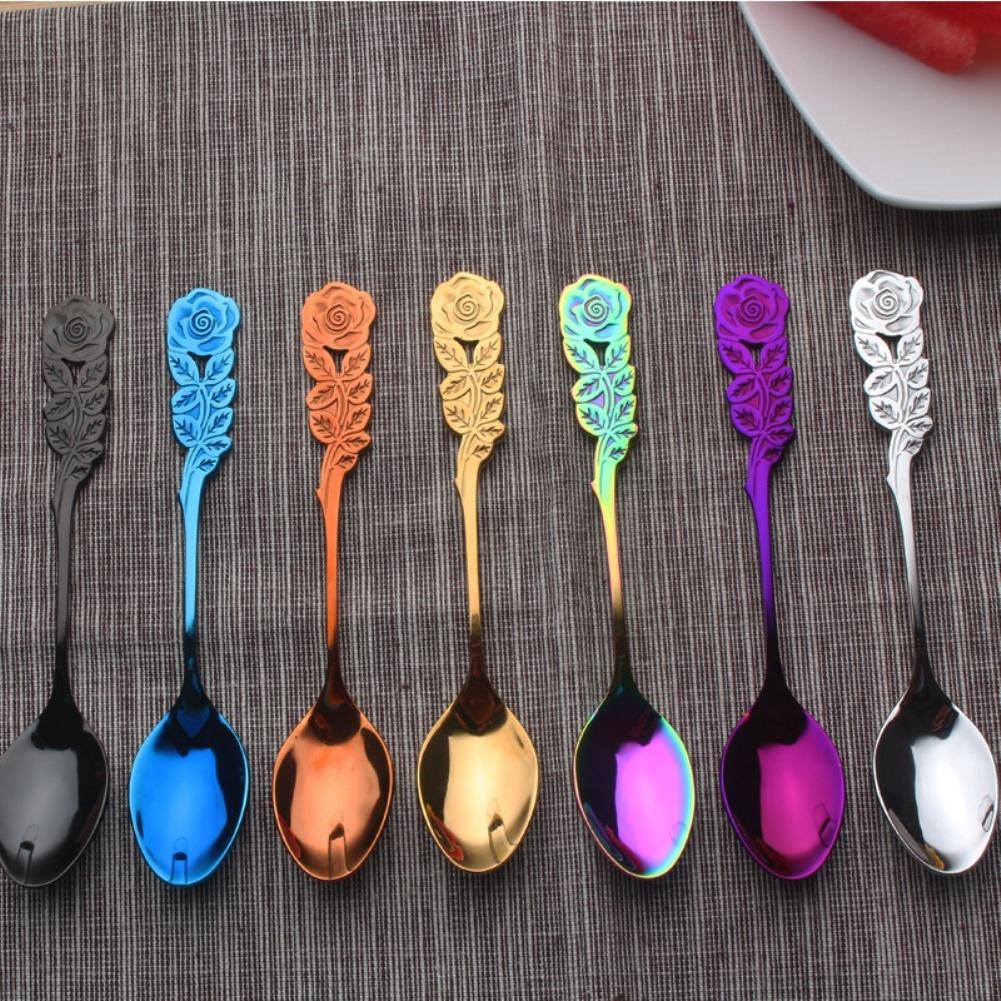 Simpatico cucchiaio in acciaio inossidabile con manico a forma di fiore di rosa, cibo occidentale, dessert, zuppa, caffè, bevanda