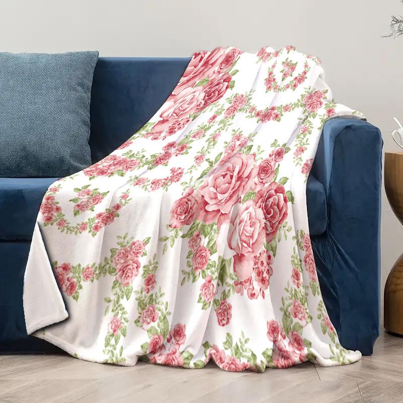 [Warm All-Season Knitted Blanket] 1pc Traditional-Style Rose Print Flannel Blanket - Soft, Warm, All-Season Knitted Polyester Th