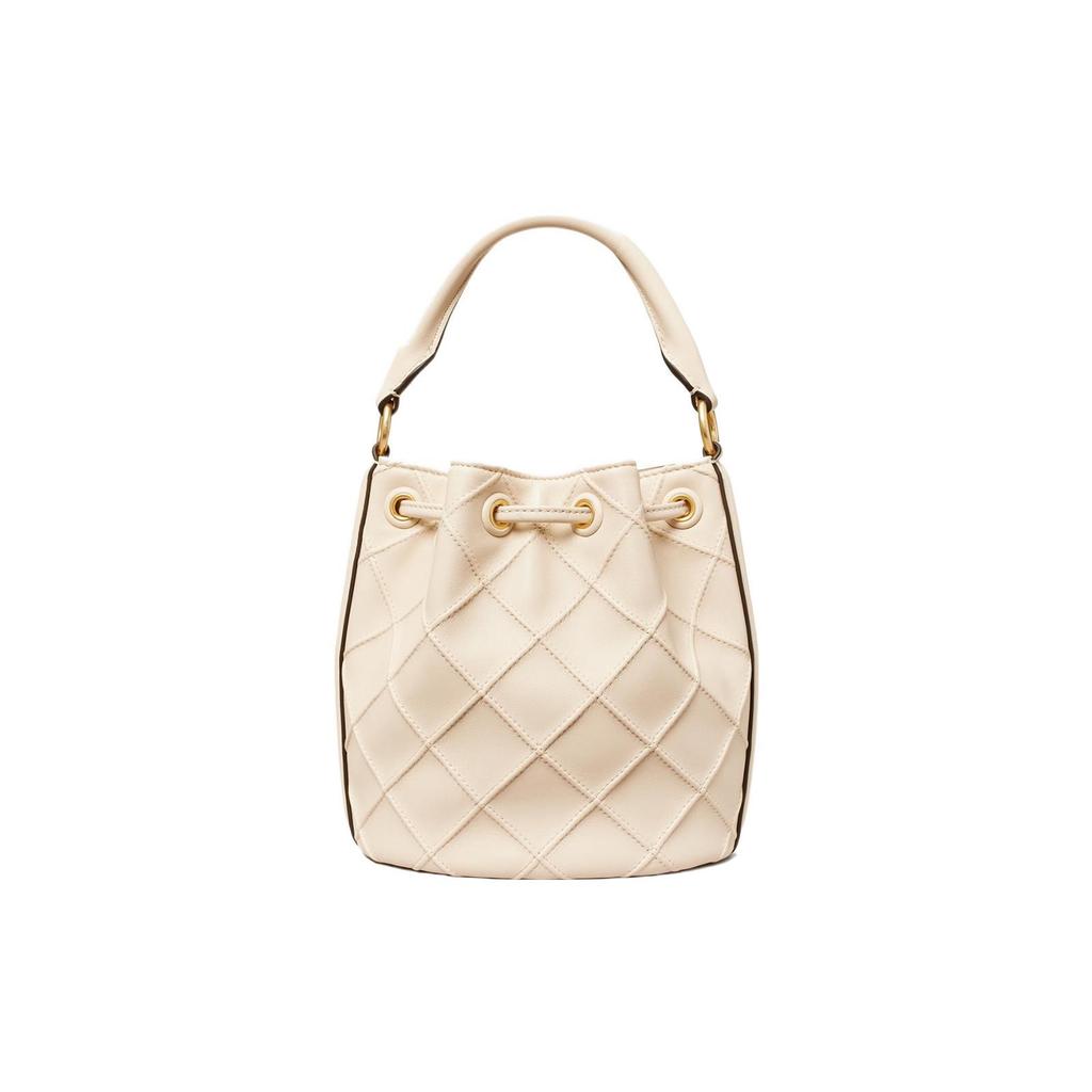 Tory Burch Fleming Logo Messingakzente Plissiert Gestepptes Leder Beuteltasche Damen Handtaschen Cremeweiß 142565-122