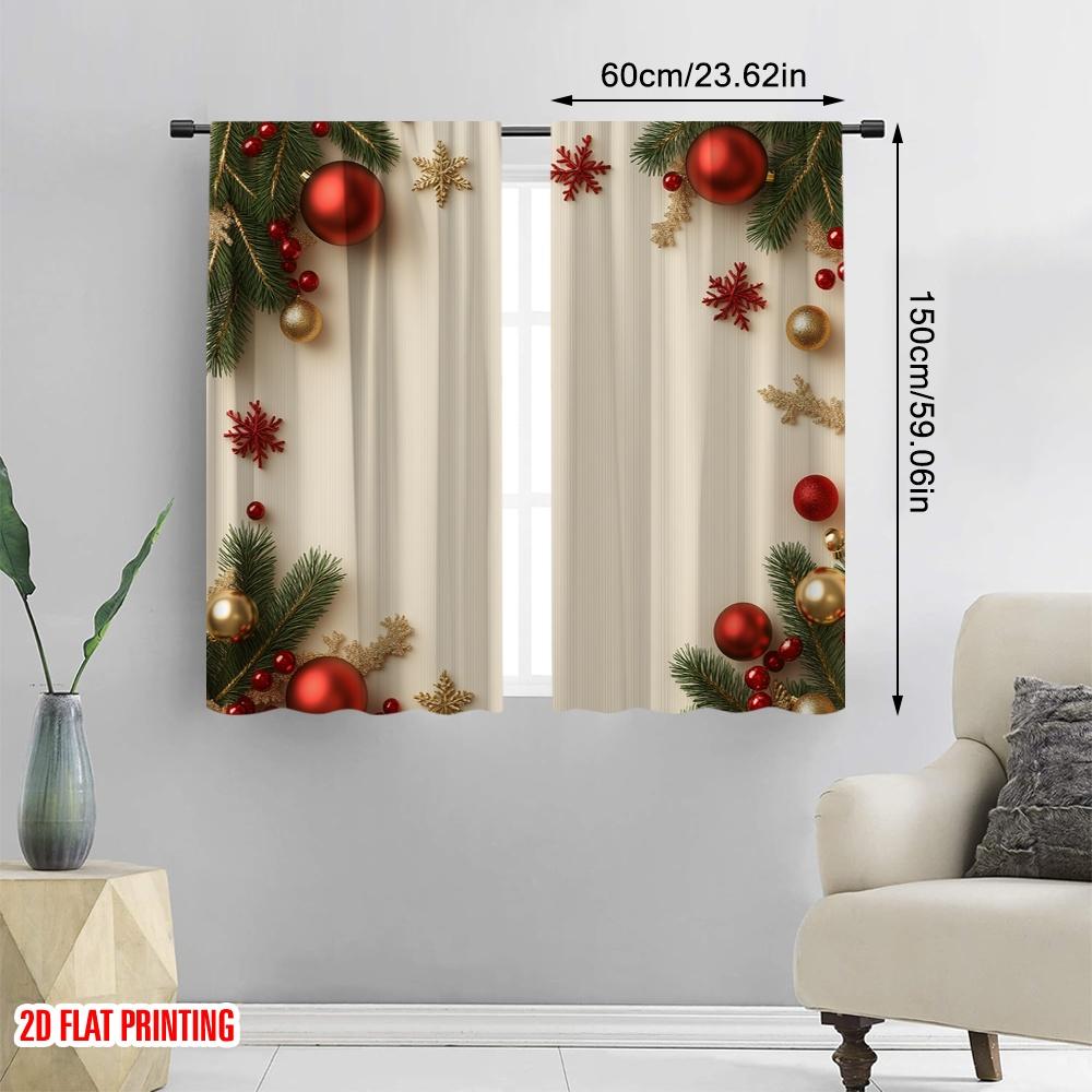 2pcs,2D Plane Printing Curtains Christmas Balls Pine Snowflakes (3) Polyester Woven (without Rod) Decorations Outdoor Perfect