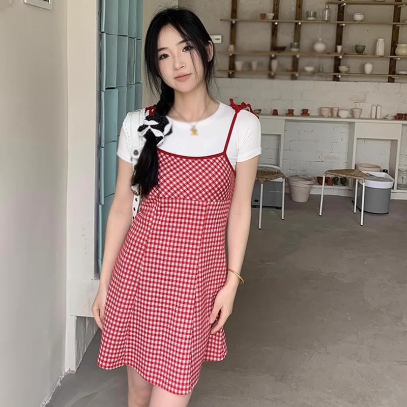 Dámské kostkované šaty s volným zadkem, plážové šaty s ramínky a šněrováním