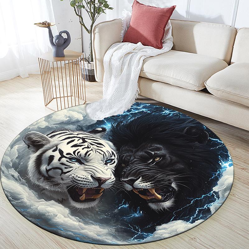 Yin Yang Tiger Lion Round Area Rug,Carpet Rug for Living Room Bedroom Sofa Playroom Decor,Non-slip Floor Mat
