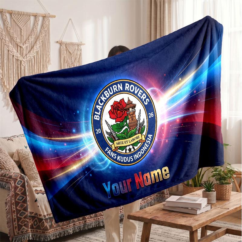 Blackburn Rovers FC Personalized Fleece Blanket With Football Logo, Custom Name Text Soft Warm Home Throw Blanket