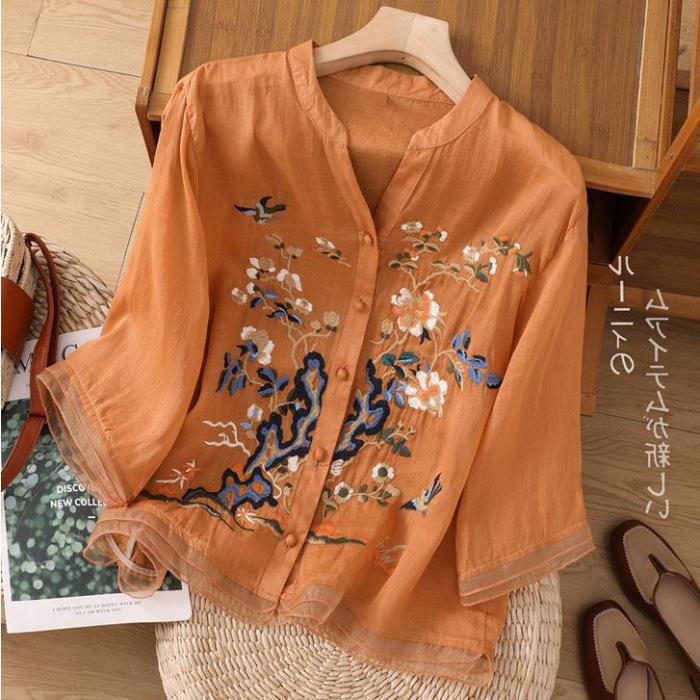 Bestickte Strickjacke mit fünfeckigen Ärmeln und Knopfoberteil im chinesischen Stil für Damen