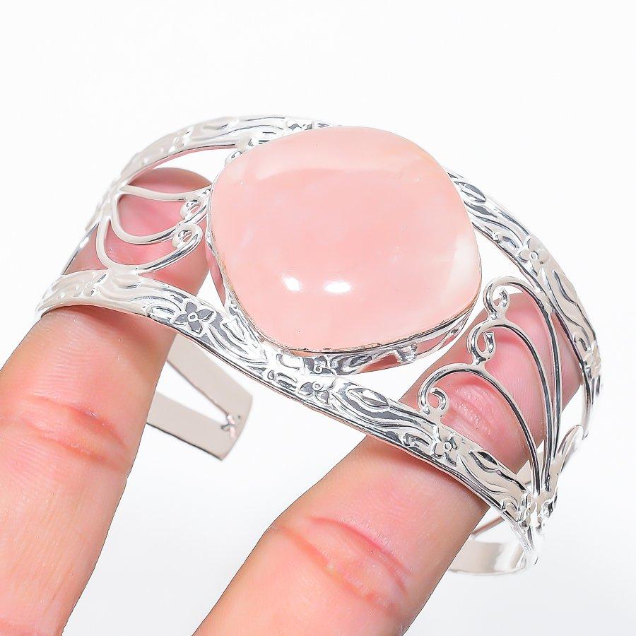 Natural Rose Quartz Gemstone 925 Sterling Silver Cuff Bangle Adjustable e6b93